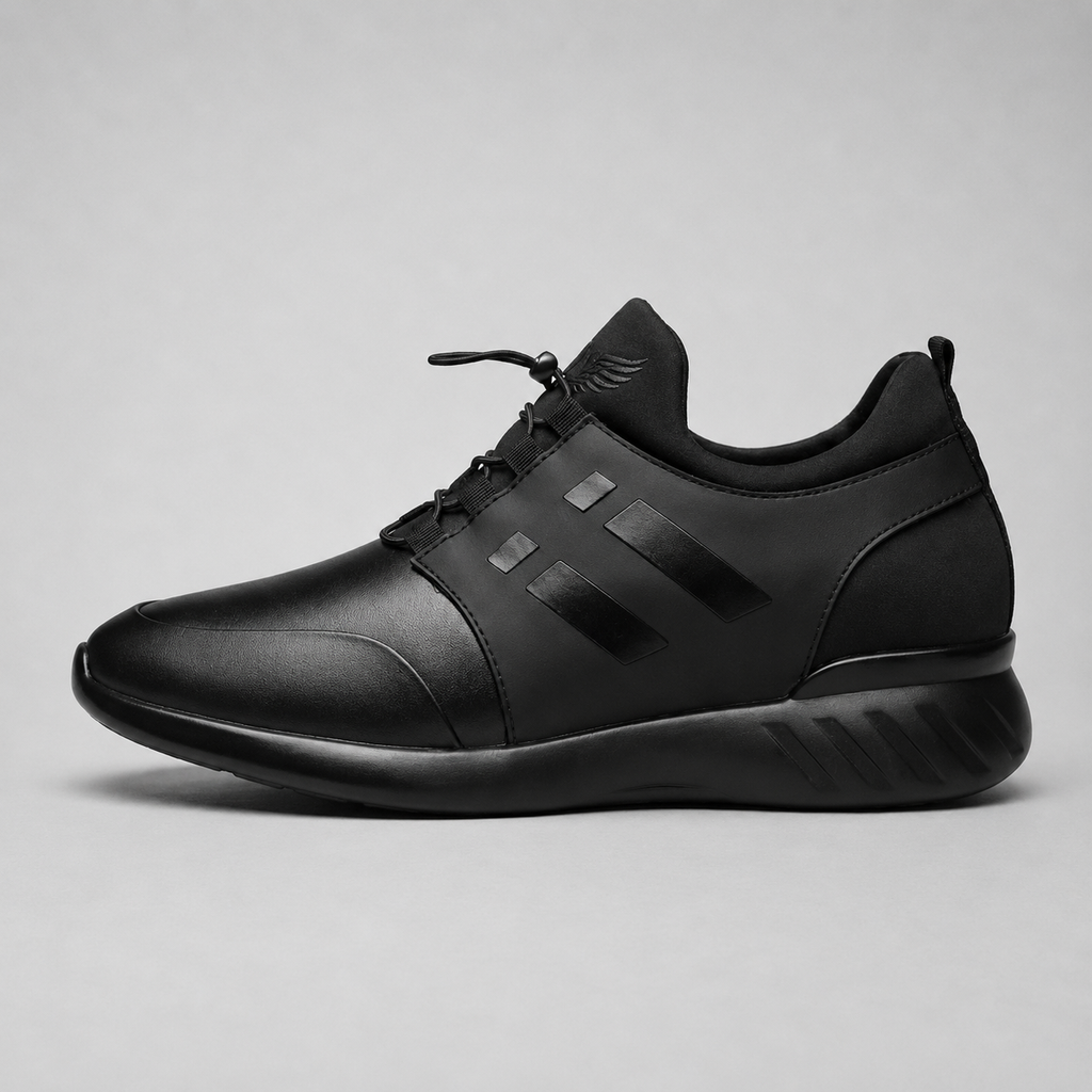 A black low-top sneaker shown in a side profile view against a neutral gray background.