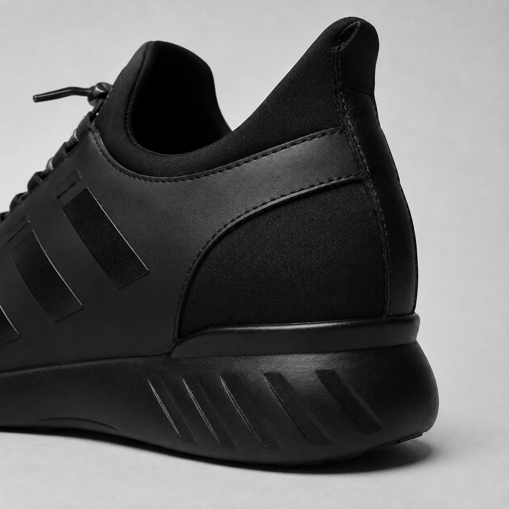 A close-up studio shot of the rear and side of a black low-top sneaker, showing matte and textured synthetic fabric panels, black laces, and a chunky black sole with diagonal ridges, set against a light gray background.