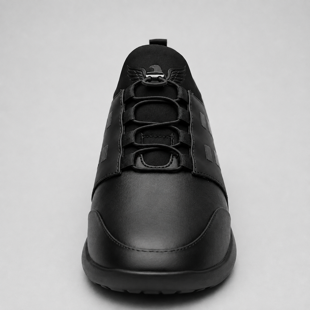 A black low-top sneaker shown from a front-facing perspective against a light gray background. The shoe features a matte black leather upper with a textured synthetic panel on the side, matching black laces, and a small winged emblem on the tongue.