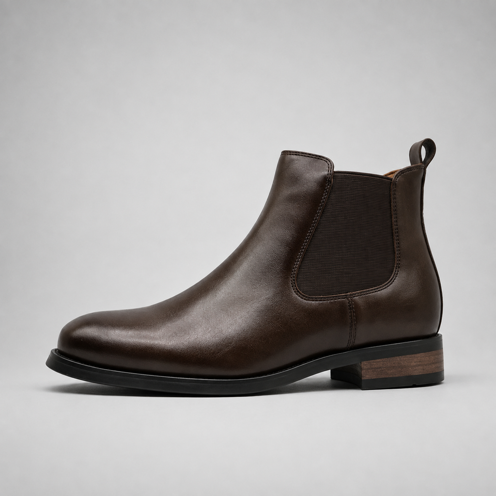 A dark brown leather Chelsea boot with a black elastic side panel and a low stacked heel, shown from a side profile on a light gray background.