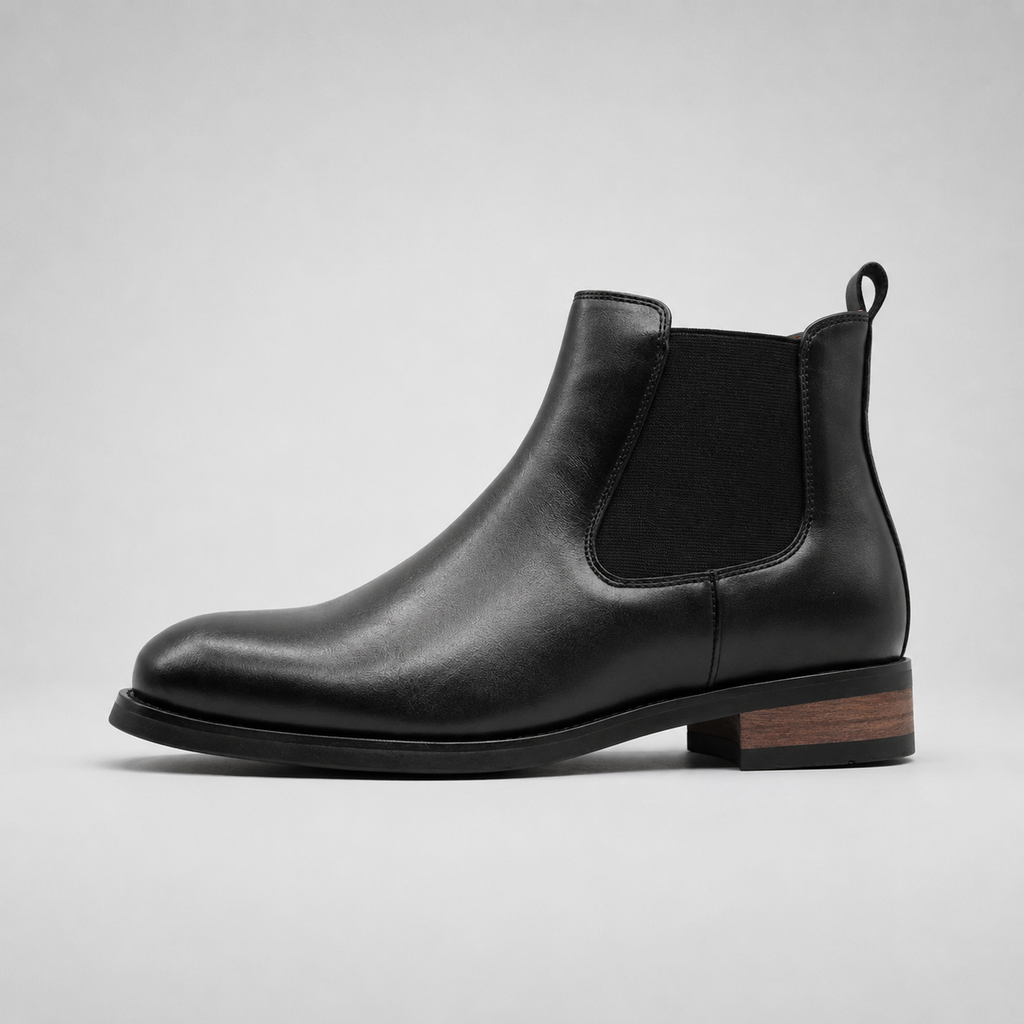 A black leather Chelsea boot with a black elastic side panel and a low stacked heel featuring a brown wood inlay, shown in profile against a light gray background.